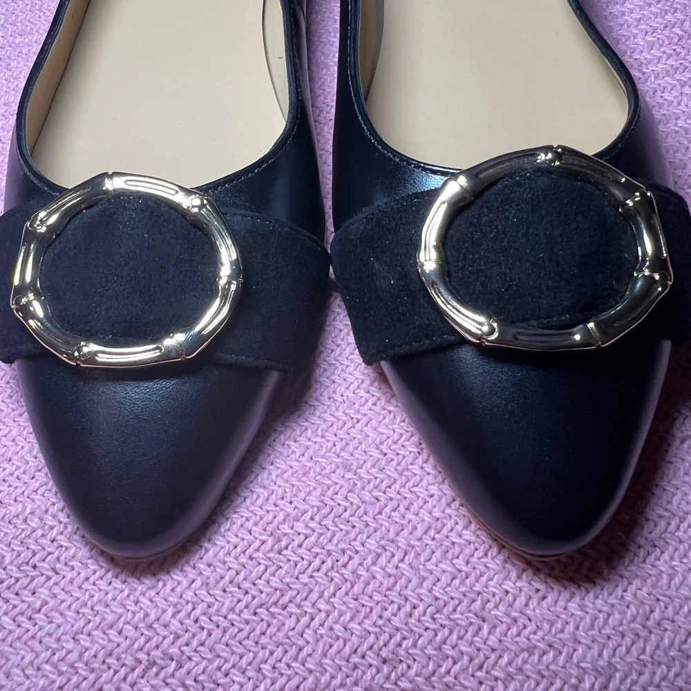 Talbots Black Leather Pointed Toe‎ Flats Gold Bamboo Buckle Suede Detail 7.5M